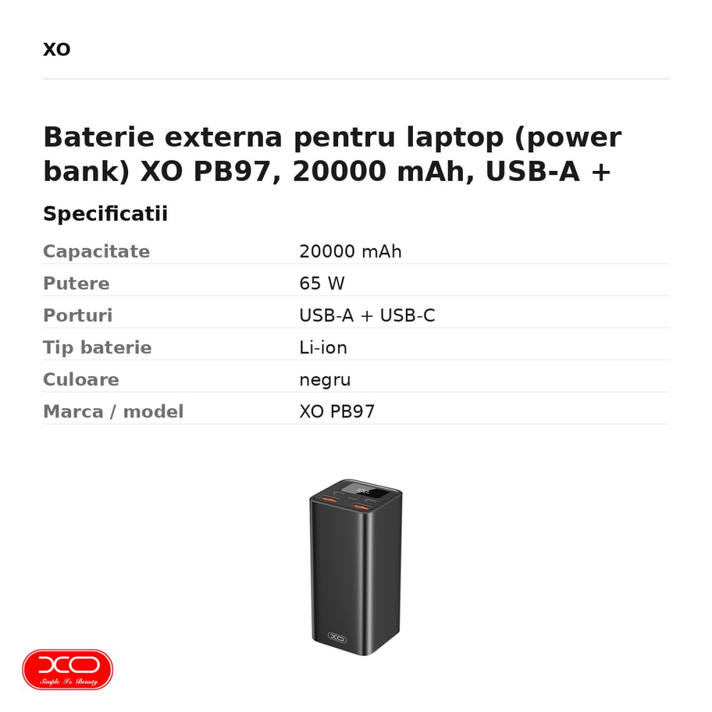 Baterie externa pentru laptop (power bank) XO PB97, 20000 mAh, USB-A + USB-C, 65W, cu afisaj, negru [3]