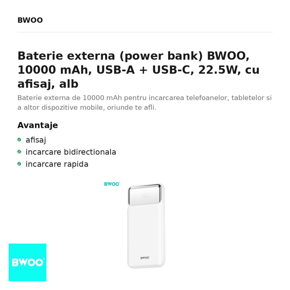 Baterie externa (power bank) BWOO, 10000 mAh, USB-A + USB-C, 22.5W, cu afisaj, alb [2]