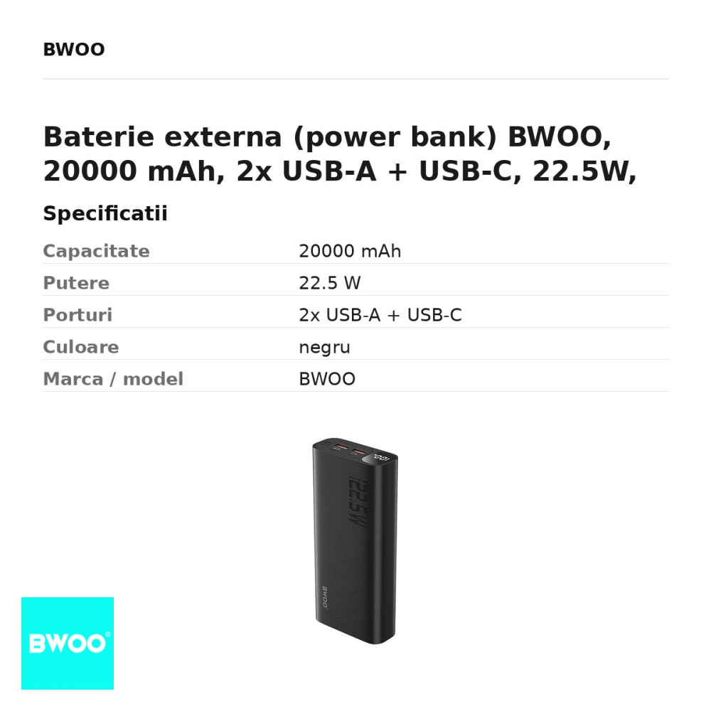 Baterie externa (power bank) BWOO, 20000 mAh, 2x USB-A + USB-C, 22.5W, cu afisaj, negru [3]