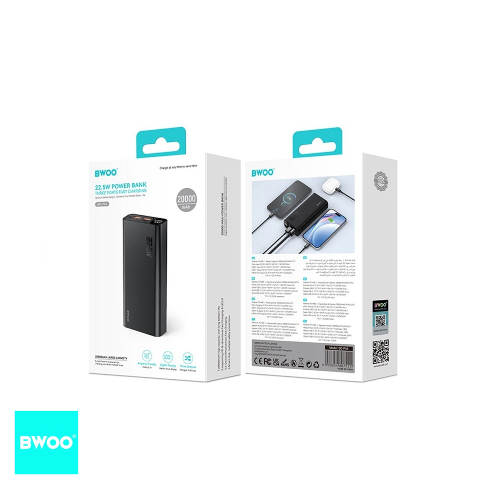 Baterie externa (power bank) BWOO, 20000 mAh, 2x USB-A + USB-C, 22.5W, cu afisaj, negru [5]