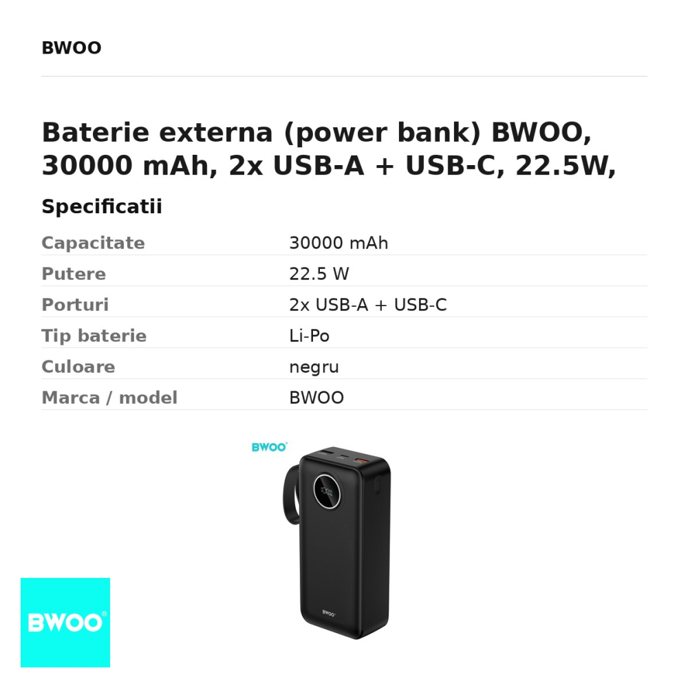 Baterie externa (power bank) BWOO, 30000 mAh, 2x USB-A + USB-C, 22.5W, cu afisaj, negru [3]