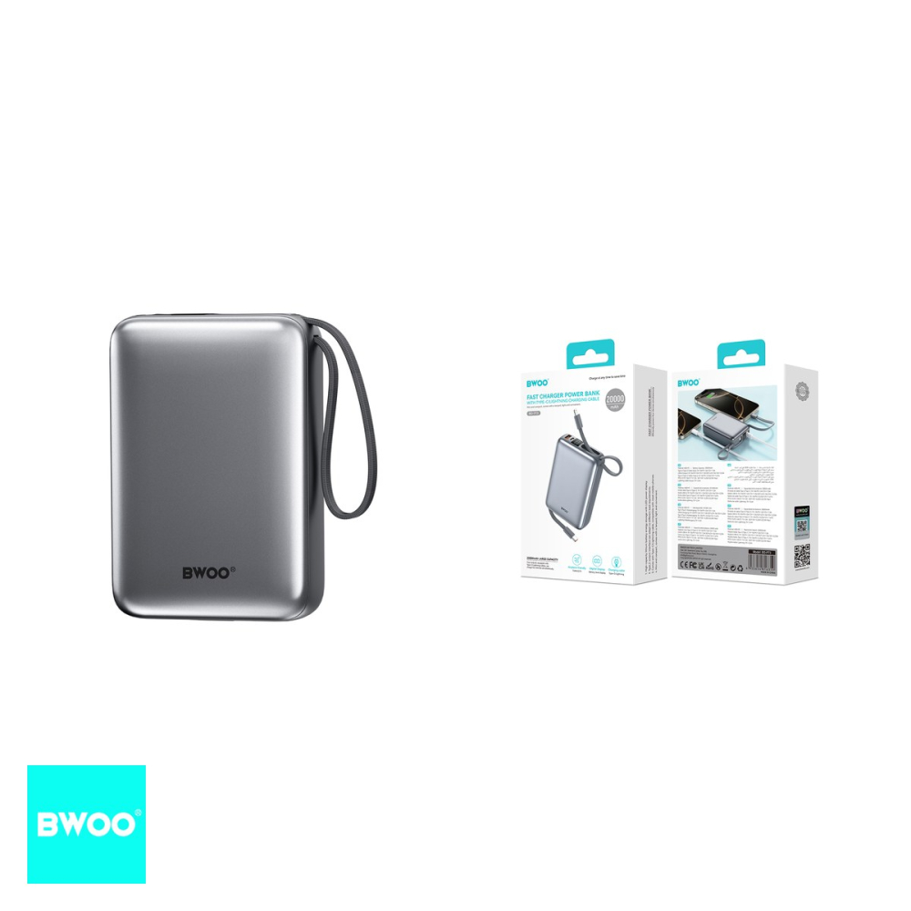 Baterie externa (power bank) BWOO P73, 20000 mAh, USB-A + USB-C, 22.5W, cu cablu inclus, argintiu [4]