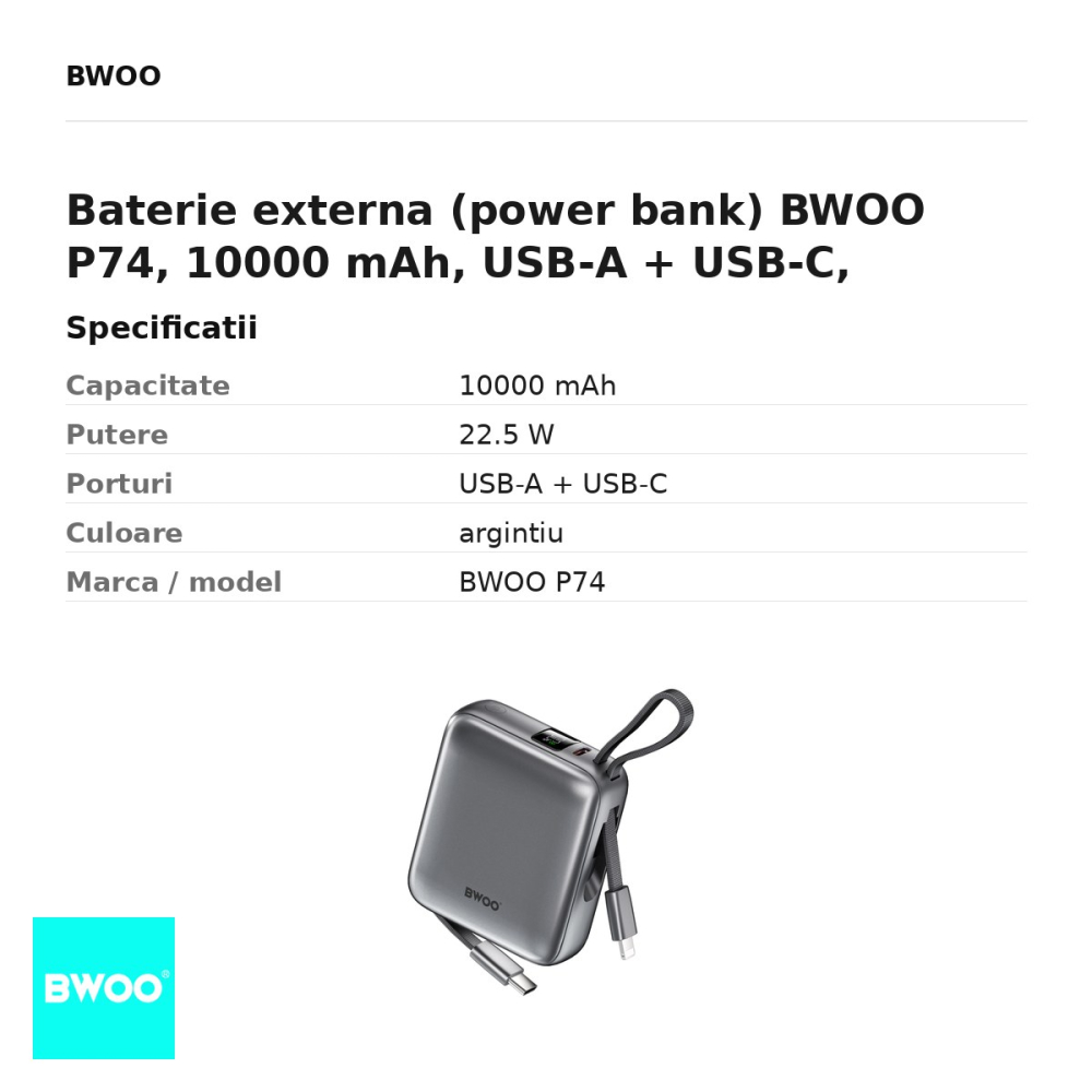 Baterie externa (power bank) BWOO P74, 10000 mAh, USB-A + USB-C, 22.5W, cu cablu inclus, argintiu [3]