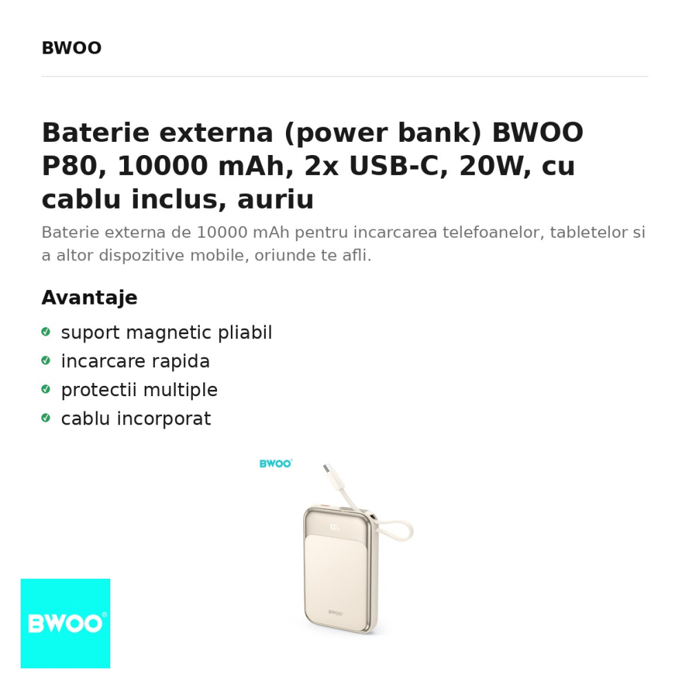 Baterie externa (power bank) BWOO P80, 10000 mAh, 2x USB-C, 20W, cu cablu inclus, auriu [2]