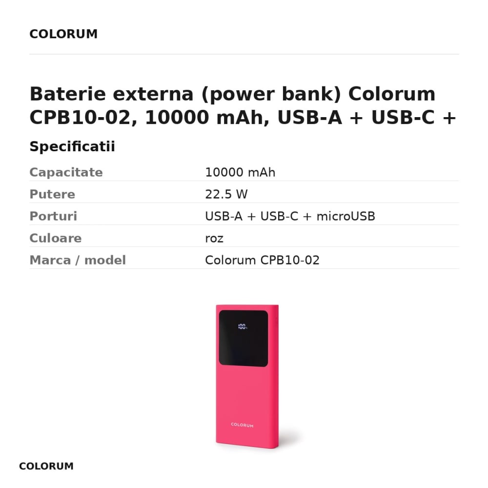 Baterie externa (power bank) Colorum CPB10-02, 10000 mAh, USB-A + USB-C + microUSB, 22.5W, cu cablu inclus, roz [3]