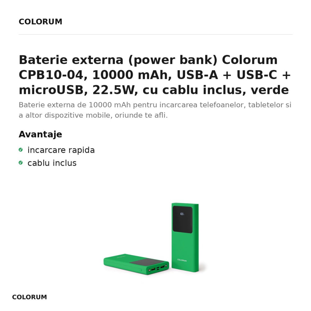 Baterie externa (power bank) Colorum CPB10-04, 10000 mAh, USB-A + USB-C + microUSB, 22.5W, cu cablu inclus, verde [2]