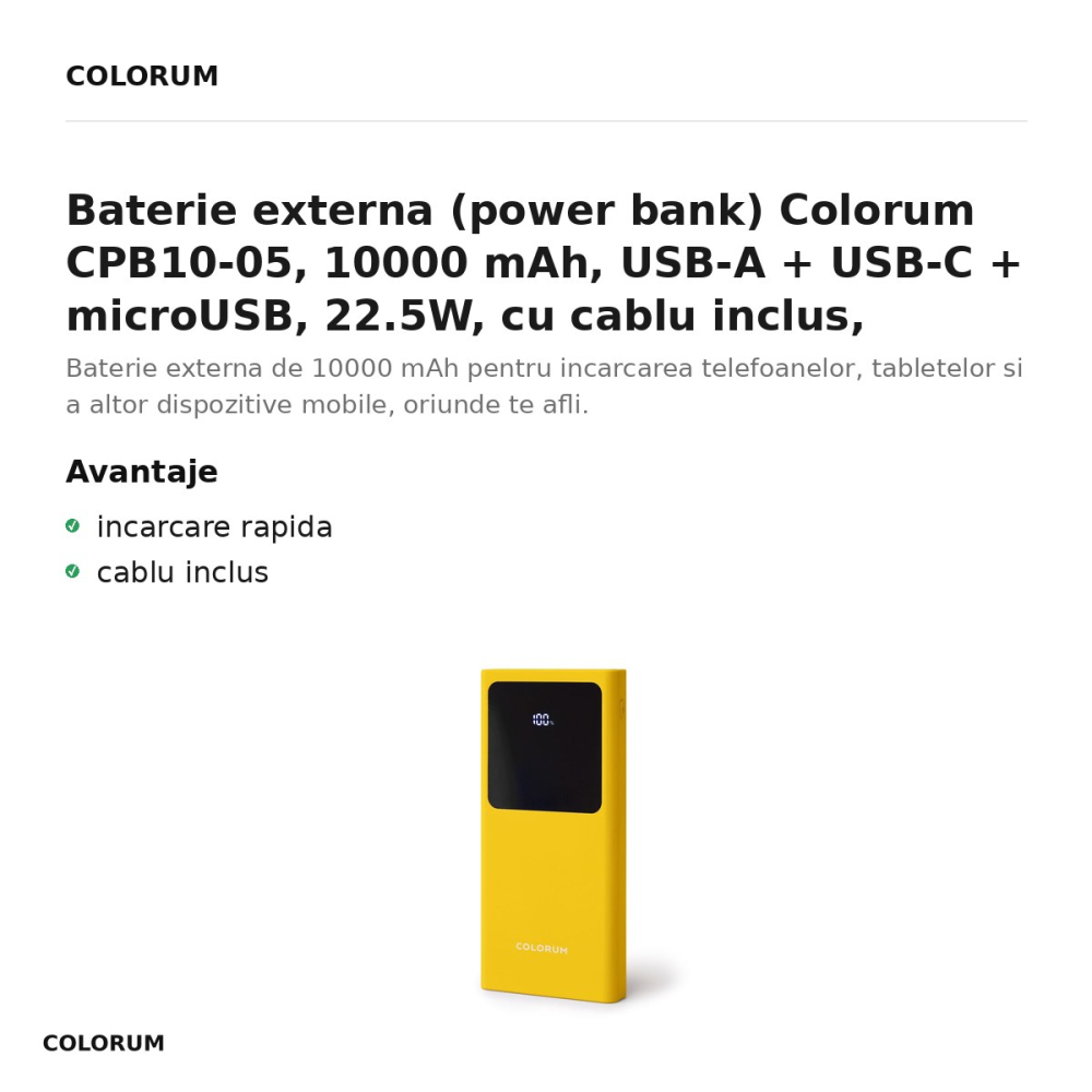 Baterie externa (power bank) Colorum CPB10-05, 10000 mAh, USB-A + USB-C + microUSB, 22.5W, cu cablu inclus, galben [2]