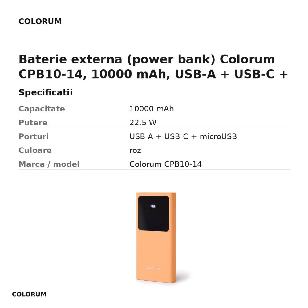 Baterie externa (power bank) Colorum CPB10-14, 10000 mAh, USB-A + USB-C + microUSB, 22.5W, cu cablu inclus, roz [3]
