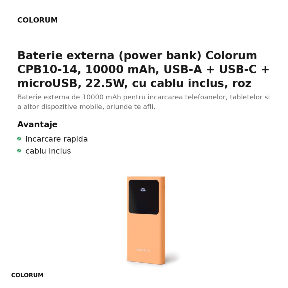 Baterie externa (power bank) Colorum CPB10-14, 10000 mAh, USB-A + USB-C + microUSB, 22.5W, cu cablu inclus, roz [2]