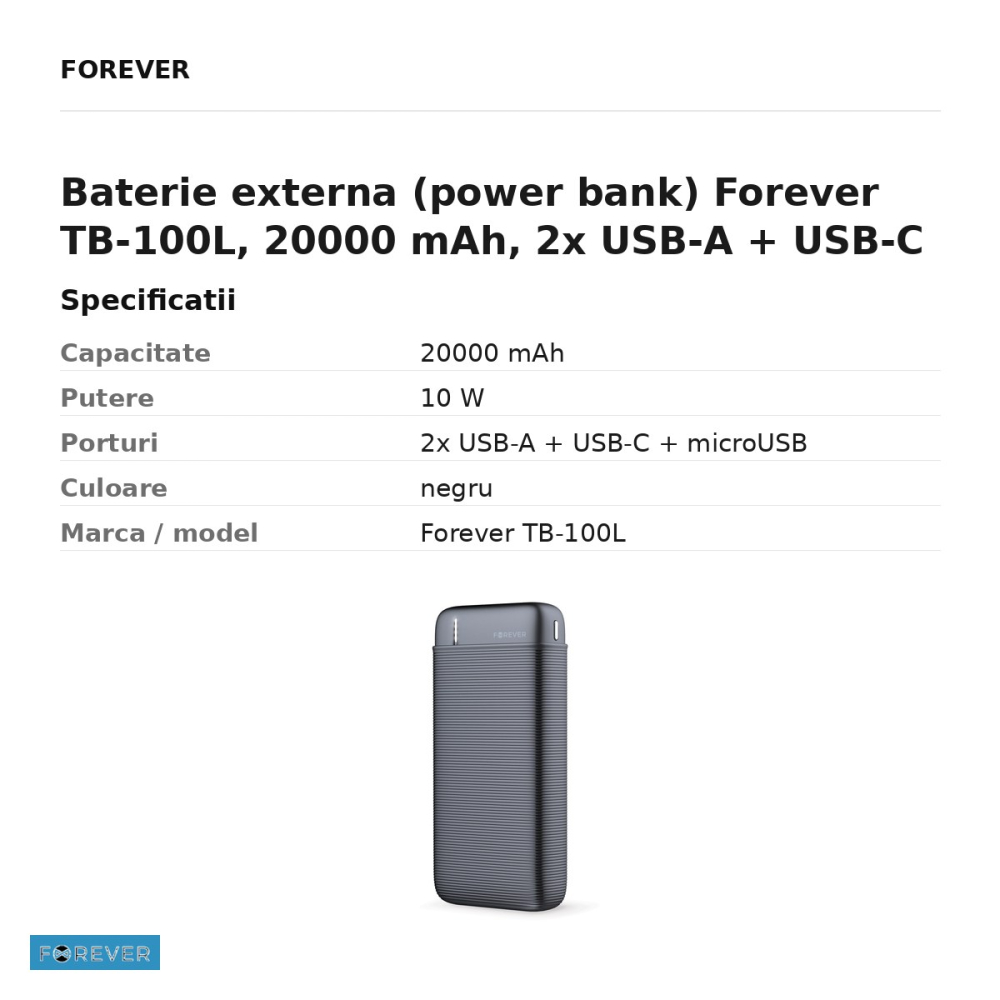 Baterie externa (power bank) Forever TB-100L, 20000 mAh, 2x USB-A + USB-C + microUSB, 10W, negru [3]