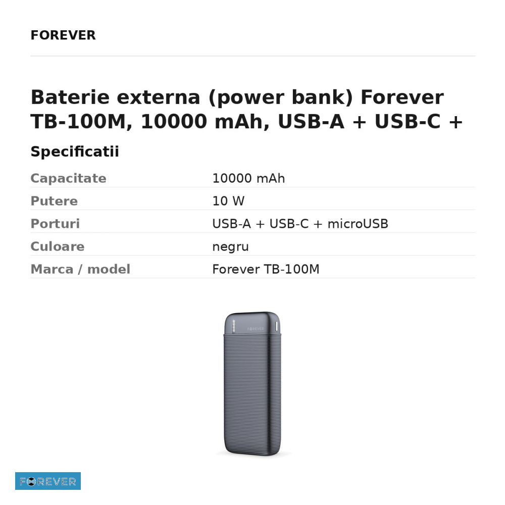 Baterie externa (power bank) Forever TB-100M, 10000 mAh, USB-A + USB-C + microUSB, 10W, cu cablu inclus, negru [3]