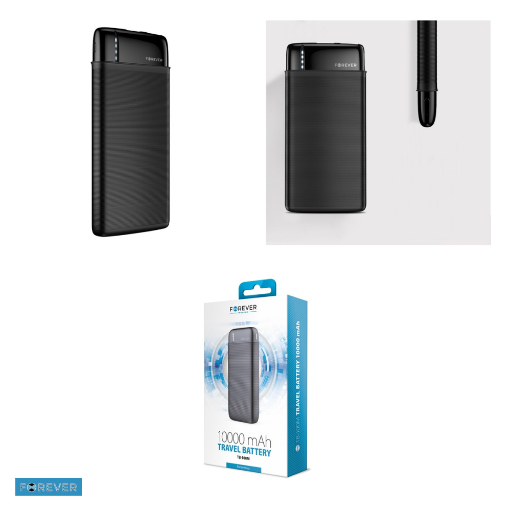 Baterie externa (power bank) Forever TB-100M, 10000 mAh, USB-A + USB-C + microUSB, 10W, cu cablu inclus, negru [5]