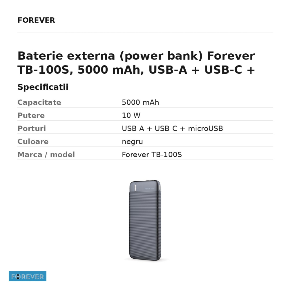 Baterie externa (power bank) Forever TB-100S, 5000 mAh, USB-A + USB-C + microUSB, 10W, cu cablu inclus, negru [3]