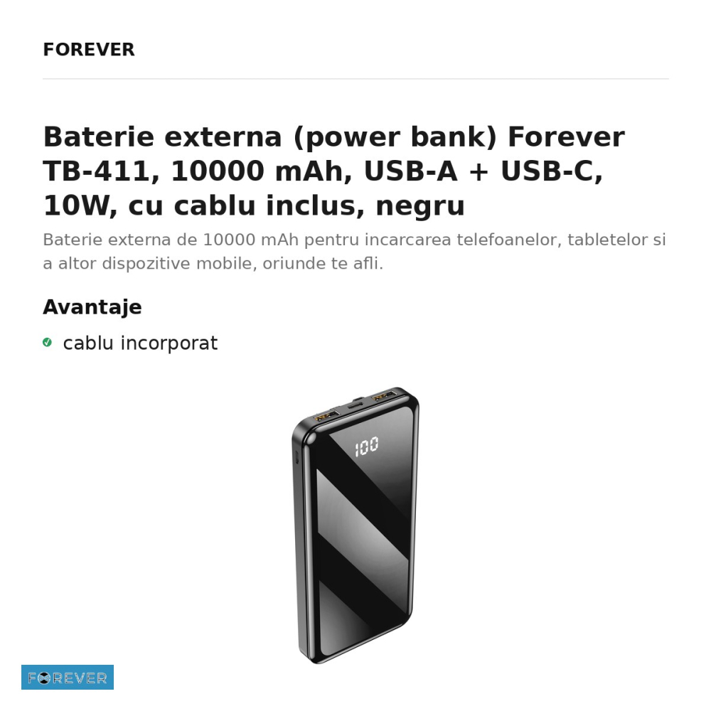 Baterie externa (power bank) Forever TB-411, 10000 mAh, USB-A + USB-C, 10W, cu cablu inclus, negru [2]