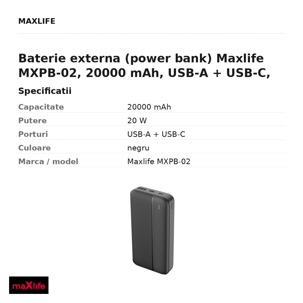 Baterie externa (power bank) Maxlife MXPB-02, 20000 mAh, USB-A + USB-C, 20W, cu cablu inclus, negru [3]