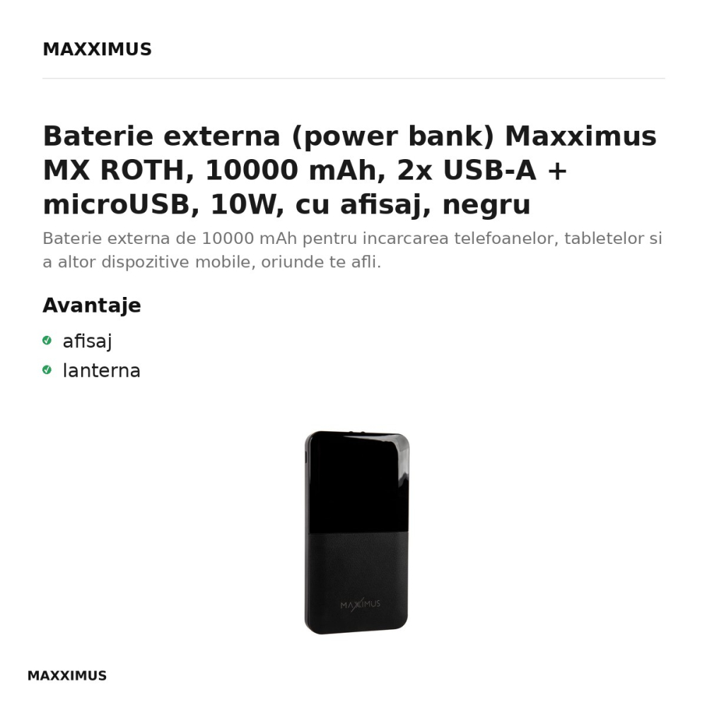 Baterie externa (power bank) Maxximus MX ROTH, 10000 mAh, 2x USB-A + microUSB, 10W, cu afisaj, negru [2]