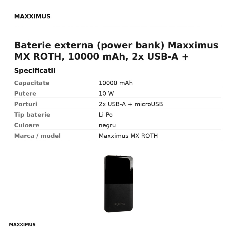 Baterie externa (power bank) Maxximus MX ROTH, 10000 mAh, 2x USB-A + microUSB, 10W, cu afisaj, negru [3]