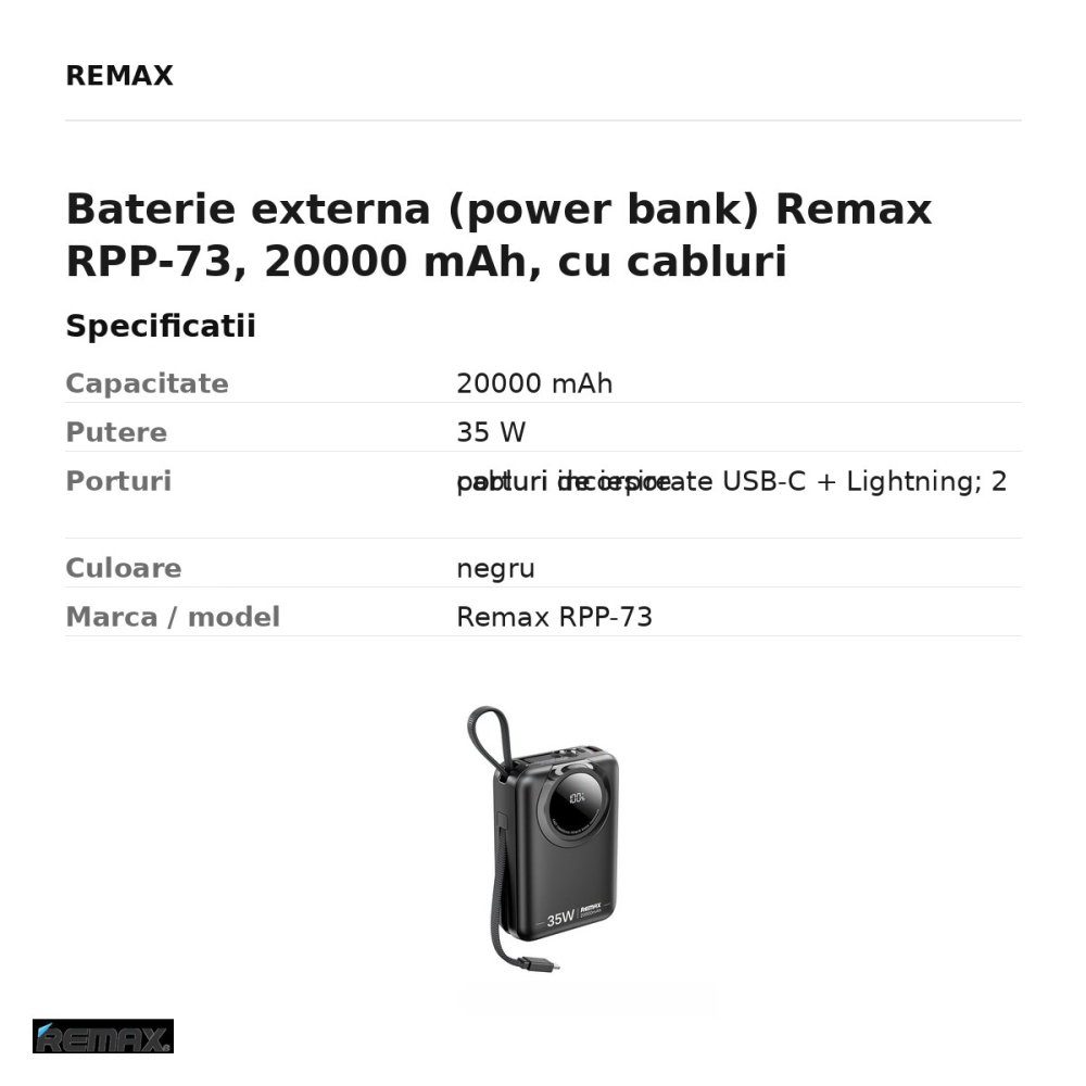 Baterie externa (power bank) Remax RPP-73, 20000 mAh, cu cabluri incorporate USB-C + Lightning, 2 porturi de iesire, 35W, negru [3]