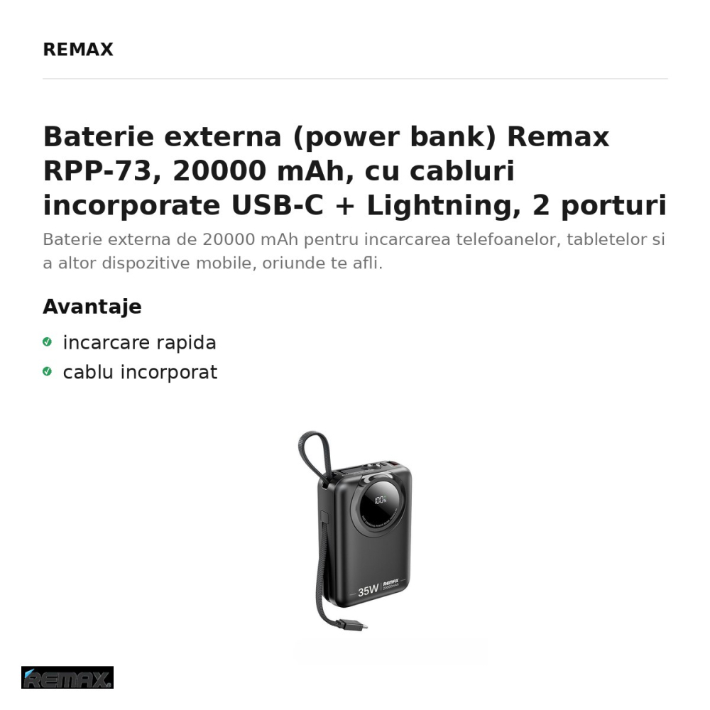 Baterie externa (power bank) Remax RPP-73, 20000 mAh, cu cabluri incorporate USB-C + Lightning, 2 porturi de iesire, 35W, negru [2]