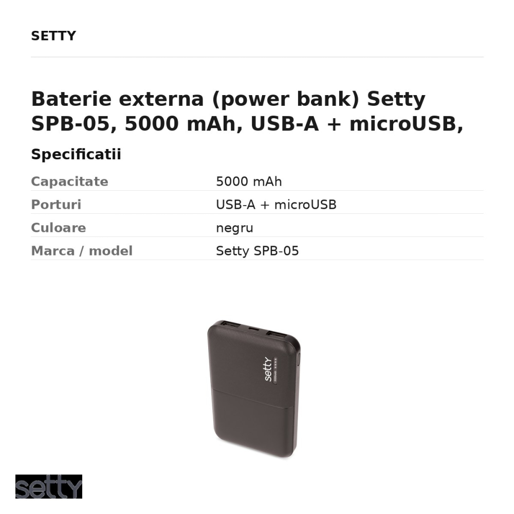 Baterie externa (power bank) Setty SPB-05, 5000 mAh, USB-A + microUSB, cu cablu inclus, negru [3]