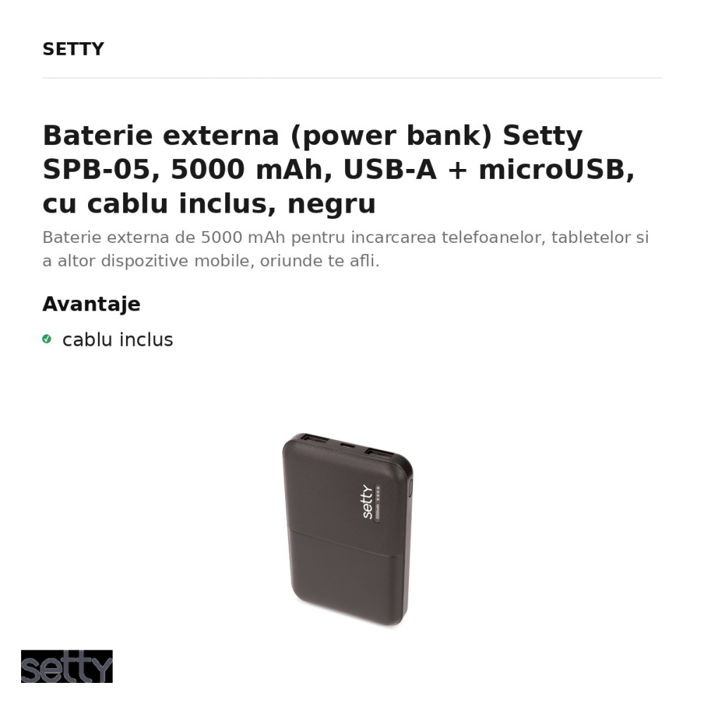 Baterie externa (power bank) Setty SPB-05, 5000 mAh, USB-A + microUSB, cu cablu inclus, negru [2]