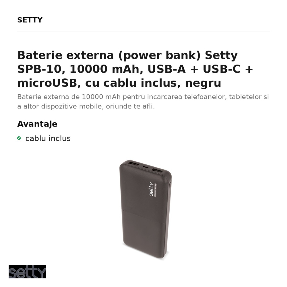 Baterie externa (power bank) Setty SPB-10, 10000 mAh, USB-A + USB-C + microUSB, cu cablu inclus, negru [2]