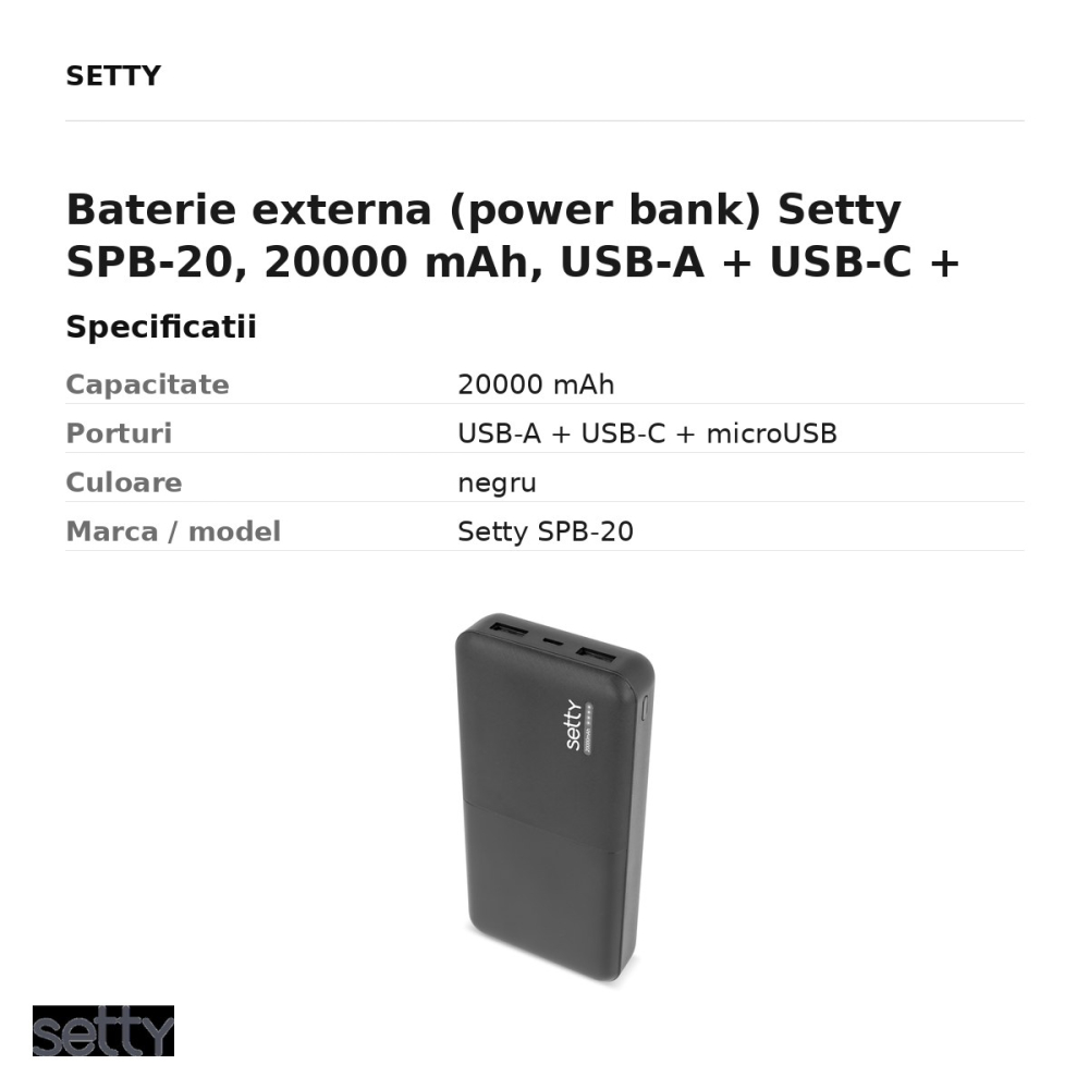 Baterie externa (power bank) Setty SPB-20, 20000 mAh, USB-A + USB-C + microUSB, negru [3]