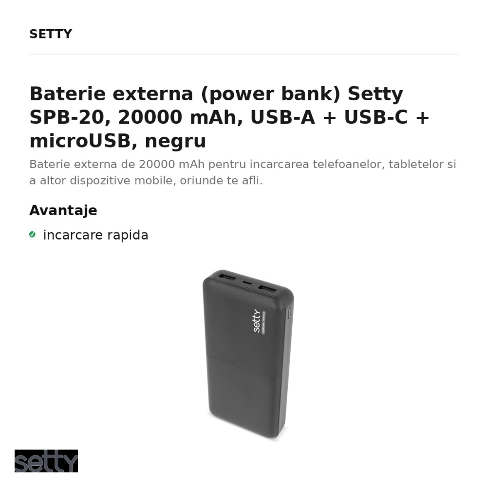 Baterie externa (power bank) Setty SPB-20, 20000 mAh, USB-A + USB-C + microUSB, negru [2]