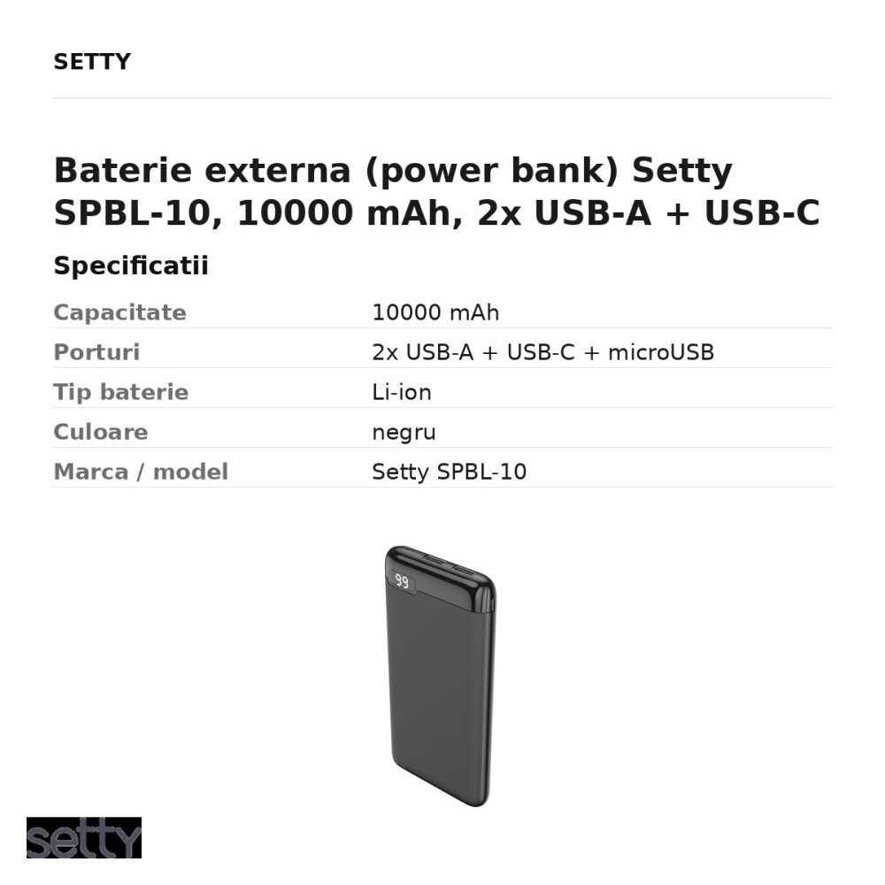 Baterie externa (power bank) Setty SPBL-10, 10000 mAh, 2x USB-A + USB-C + microUSB, cu afisaj, cu cablu inclus, negru [3]