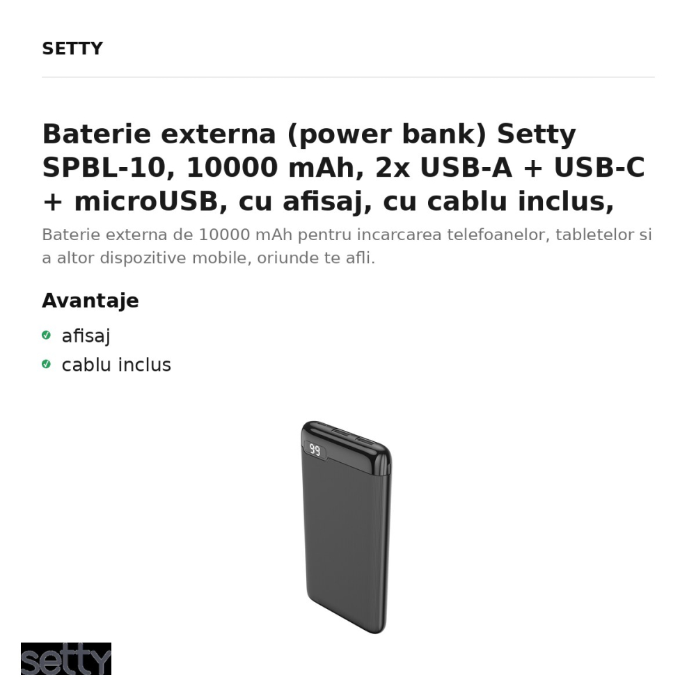 Baterie externa (power bank) Setty SPBL-10, 10000 mAh, 2x USB-A + USB-C + microUSB, cu afisaj, cu cablu inclus, negru [2]