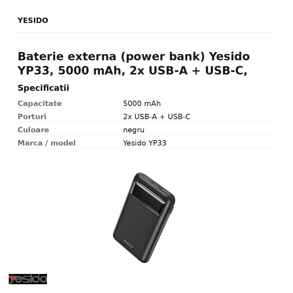 Baterie externa (power bank) Yesido YP33, 5000 mAh, 2x USB-A + USB-C, negru [3]