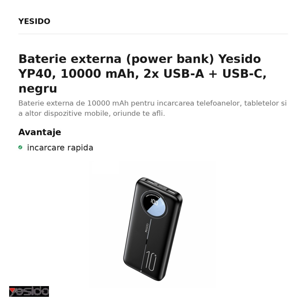 Baterie externa (power bank) Yesido YP40, 10000 mAh, 2x USB-A + USB-C, negru [2]