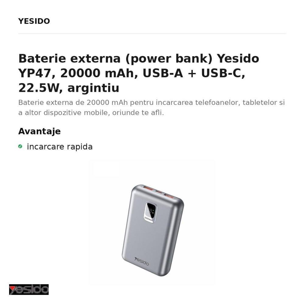Baterie externa (power bank) Yesido YP47, 20000 mAh, USB-A + USB-C, 22.5W, argintiu [2]