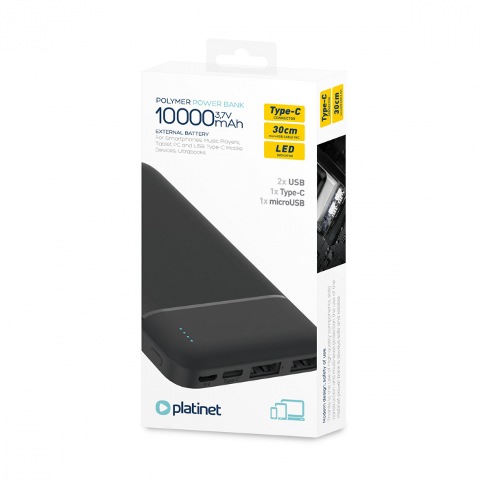Baterie externa, powerbank Platinet 45720, 10000 mAH li-polimer, 2 x USB, 1 x Type C, 1 x microUSB, LED, negru [5]