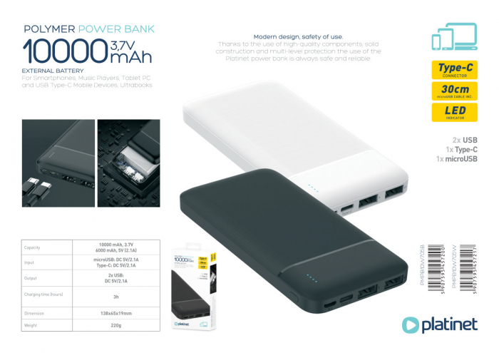 Baterie externa, powerbank Platinet 45721, 10000 mAH li-polimer, 2 x USB, 1 x Type C, 1 x microUSB, LED, alb [5]