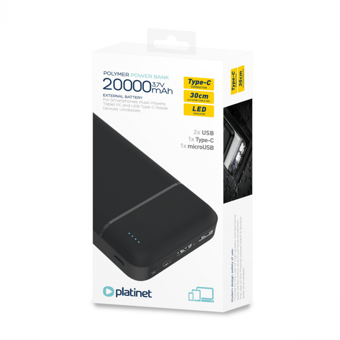 Baterie externa, powerbank Platinet 45722, 20000 mAH li-polimer, 2 x USB, 1 x Type C, 1 x microUSB, LED, negru [5]