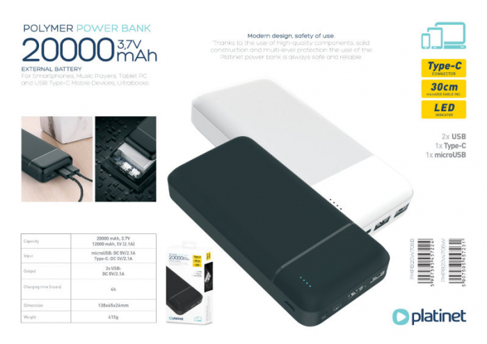 Baterie externa, powerbank Platinet 45722, 20000 mAH li-polimer, 2 x USB, 1 x Type C, 1 x microUSB, LED, negru [6]