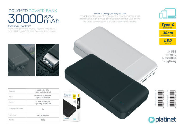 Baterie externa, powerbank Platinet 45724, 30000 mAH li-polimer, 2 x USB, 1 x Type C, 1 x microUSB, LED, negru [6]