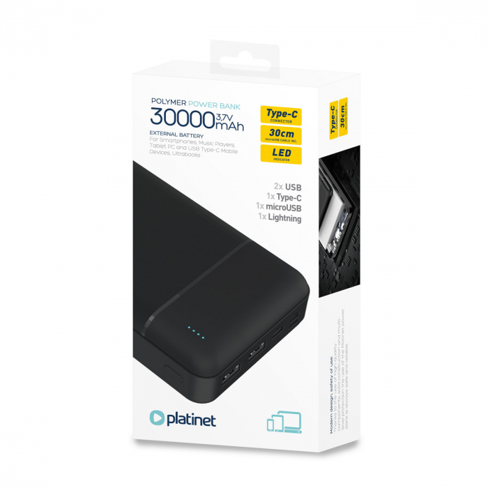 Baterie externa, powerbank Platinet 45724, 30000 mAH li-polimer, 2 x USB, 1 x Type C, 1 x microUSB, LED, negru [5]