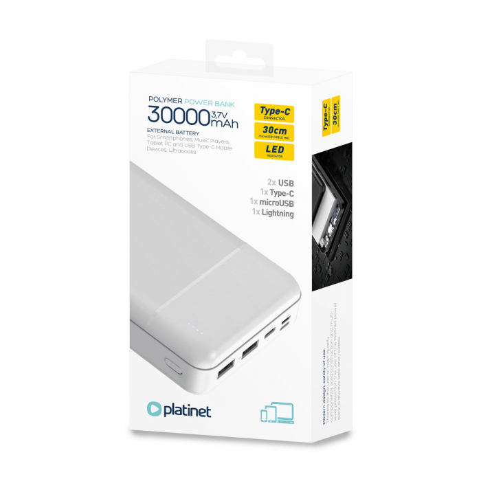 Baterie externa, powerbank Platinet 45725, 30000 mAH li-polimer, 2 x USB, 1 x Type C, 1 x microUSB, LED, alb [4]