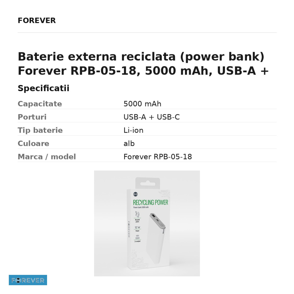 Baterie externa reciclata (power bank) Forever RPB-05-18, 5000 mAh, USB-A + USB-C, cu cablu inclus, alb [3]