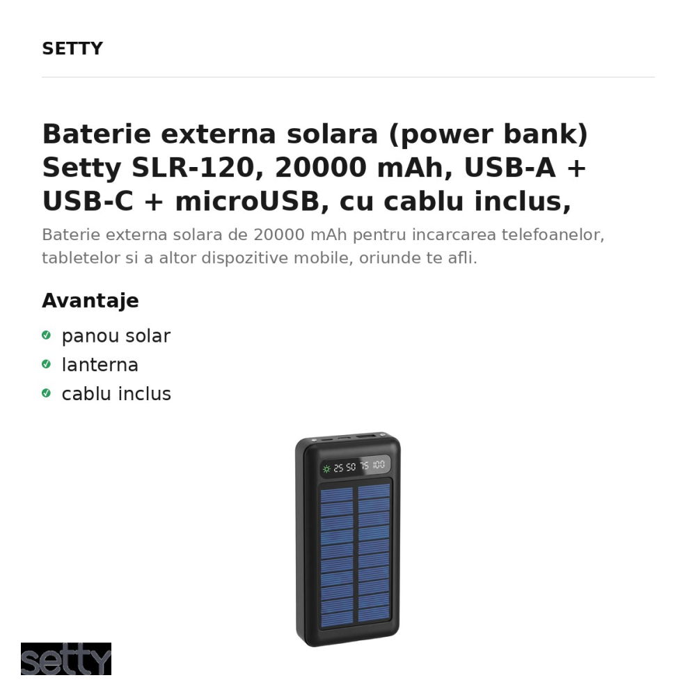 Baterie externa solara (power bank) Setty SLR-120, 20000 mAh, USB-A + USB-C + microUSB, cu cablu inclus, negru [2]