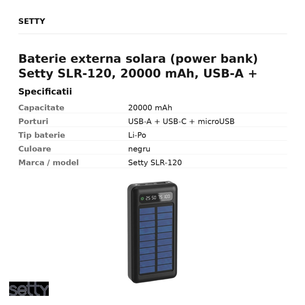 Baterie externa solara (power bank) Setty SLR-120, 20000 mAh, USB-A + USB-C + microUSB, cu cablu inclus, negru [3]