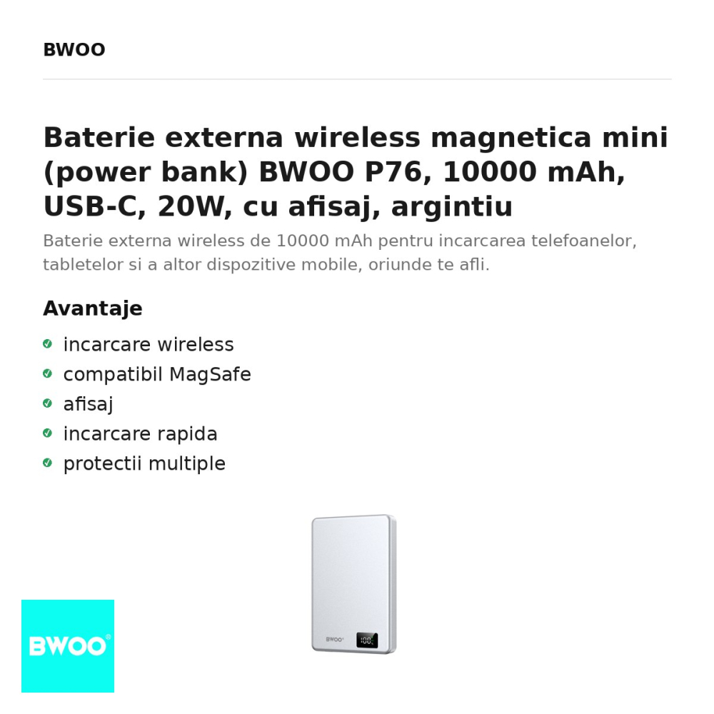 Baterie externa wireless magnetica mini (power bank) BWOO P76, 10000 mAh, USB-C, 20W, cu afisaj, argintiu [2]