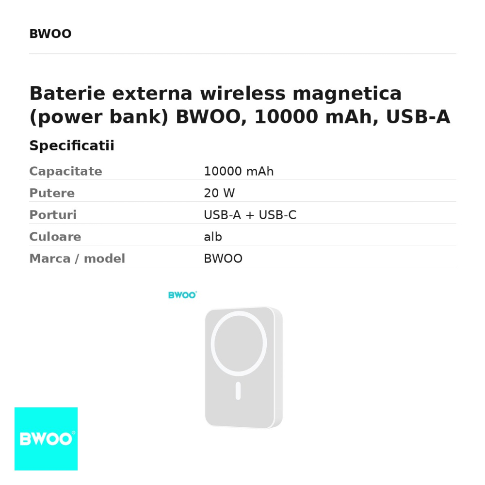 Baterie externa wireless magnetica (power bank) BWOO, 10000 mAh, USB-A + USB-C, 20W, alb [3]