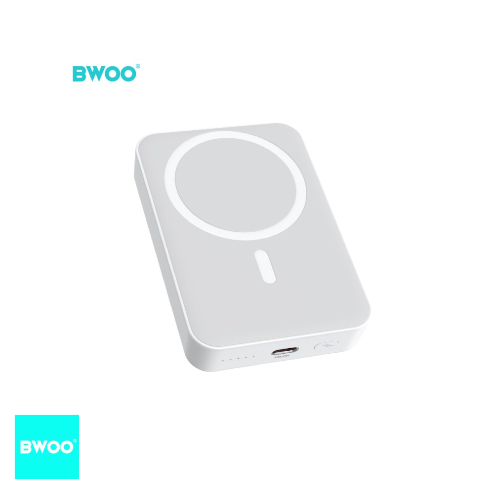 Baterie externa wireless magnetica (power bank) BWOO, 10000 mAh, USB-A + USB-C, 20W, alb [4]