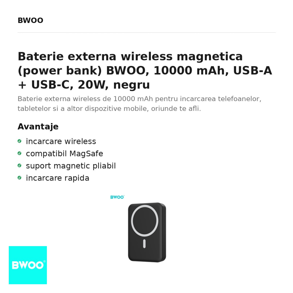 Baterie externa wireless magnetica (power bank) BWOO, 10000 mAh, USB-A + USB-C, 20W, negru [2]