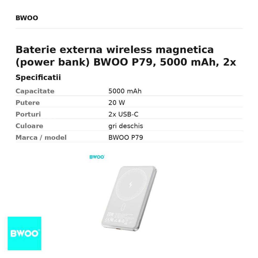 Baterie externa wireless magnetica (power bank) BWOO P79, 5000 mAh, 2x USB-C, 20W, gri deschis [3]