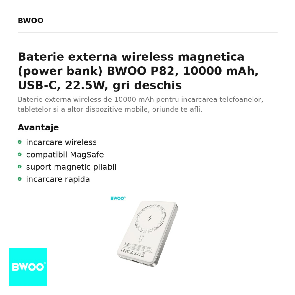Baterie externa wireless magnetica (power bank) BWOO P82, 10000 mAh, USB-C, 22.5W, gri deschis [2]