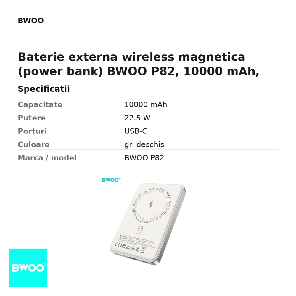 Baterie externa wireless magnetica (power bank) BWOO P82, 10000 mAh, USB-C, 22.5W, gri deschis [3]